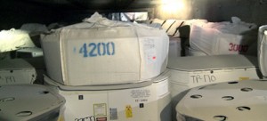 A photograph looking over the top of nuclear waste emplaced at WIPP in drums, waste boxes and overpacks in Panel 7 where the release of radioactive material took place. (photo: WIPP)