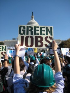 Green jobs rally image via CleanTechnica