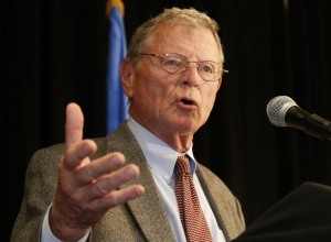 Sen. James M. Inhofe (R-Okla.) gestures during his victory speech at the Republican watch party Tuesday in Oklahoma City.  Credit: Sue Ogrocki/AP