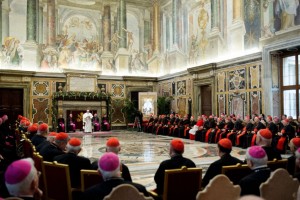 This handout picture released Dec. 22 by the Vatican press office shows Pope Francis delivering a speech to the prelates during the audience of the Curia, the administrative apparatus of the Holy See, for Christmas greetings in the Sala Clementina of the Apostolic Palace at the Vatican.  Credit: Osservatore Romano via AFP