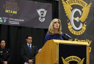 Amy Ford, Director of Communications for the Colorado Dept. of Transportation, announces a new “Drive High, Get A DUI” campaign, a TV-and-radio attempt to remind drivers that newly legal weed should be treated like alcohol and not consumed before driving. CREDIT: AP Photo/Brennan Linsley 