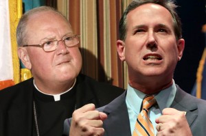 Cardinal Timothy Dolan and Rick Santorum. Credit: AP/Seth Wenig