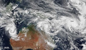 Three tropical cyclones churned the waters around Australia on March 11, 2015, including Pam, which reached category 5 and devastated the south Pacific islands of Vanuatu. Credit: NASA MODIS