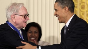 President Barack Obama congratulates Warren Buffett after presenting him with a 2010 Presidential Medal of Freedom. Credit: AP Photo/Carolyn Kaster