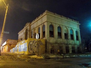 Abandoned Detroit library at night