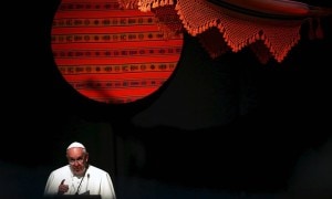  Pope Francis makes his speech in Santa Cruz, Bolivia, where he called for the poor to have the “sacred rights” of labor, lodging and land.  Credit: Alessandro Bianchi/Reuters 