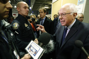 Bernie Sanders speaks to reporters in the media filing center after a Democratic presidential primary debate Saturday, Dec. 19, 2015, at Saint Anselm College in Manchester, N.H. Credit: AP Photo/Michael Dwyer