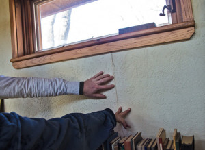 Crack in the library at St. Francis of the Woods.  Credit: Julie Dermansky