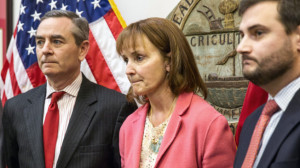 Republican House Speaker Beth Harwell, center, holds a news conference about embattled Rep. Jeremy Durham, R-Franklin, on Monday, Jan. 25, 2016, in Nashville, Tenn. Harwell and Tennessee Republican Party Chairman Ryan Haynes, right, called on Durham to resign following reports that the lawmaker sent inappropriate text messages to women working at the Legislature. House Republican Caucus Chairman Glen Casada, left, looks on. Credit: AP Photo/Erik Schelzig