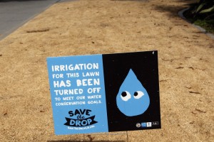 This Sept. 3, 2015 photo shows a dried-out lawn at Los Angeles City Hall, with a sign explaining that irrigation has been shut off due to the ongoing drought.