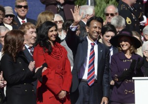 Former Louisiana Gov. Bobby Jindal (R) waves goodbye at the inauguration of Gov. John Bel Edwards (D) in January. Credit: Patrick Dennis/ Baton Rouge Advocate/AP