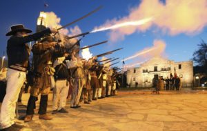 Members of the San Antonio Living History Association commemorate the Texas independence battle at the Alamo.  Credit: Kin Man Hui/San Antonio Express-News/ AP