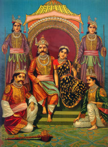 Draupadi, a princess and queen in the Indian epic Mahābhārata, with her five husbands (the Pandavas)