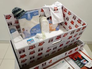 Displayed is a baby box at Temple University Hospital in Philadelphia on May 6, 2016. In an effort to reduce infant mortality the boxes which are functioning bassinets complete with essential baby supplies will be given to all mothers. Credit: Matt Rourke/AP