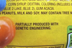 FILE - This April 8, 2016 file photo shows a new disclosure statement which reads, "PARTIALLY PRODUCED WITH GENETIC ENGINEERING" on a package of candy in Montpelier, Vt. On Friday, July 1, 2016, Vermont will become the first U.S. state to require the labeling of foods made with genetically modified ingredients. Credit: AP /Lisa Rathke