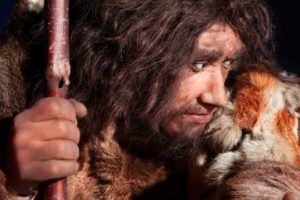 Neanderthal depiction (stock image). Neanderthals lived in the Middle Paleolithic, the middle period of the Old Stone Age. This period encompasses the time from roughly 200,000 to 40,000 before our times.