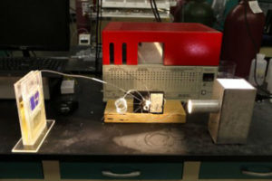 At a lab at the University of Illinois, simulated sunlight powers a solar cell that converts atmospheric carbon dioxide directly into syngas. Credit: University of Illinois at Chicago