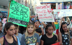 Activists in New York’s Union Square rally in support of Native-Americans battling the controversial Dakota Access Pipeline.